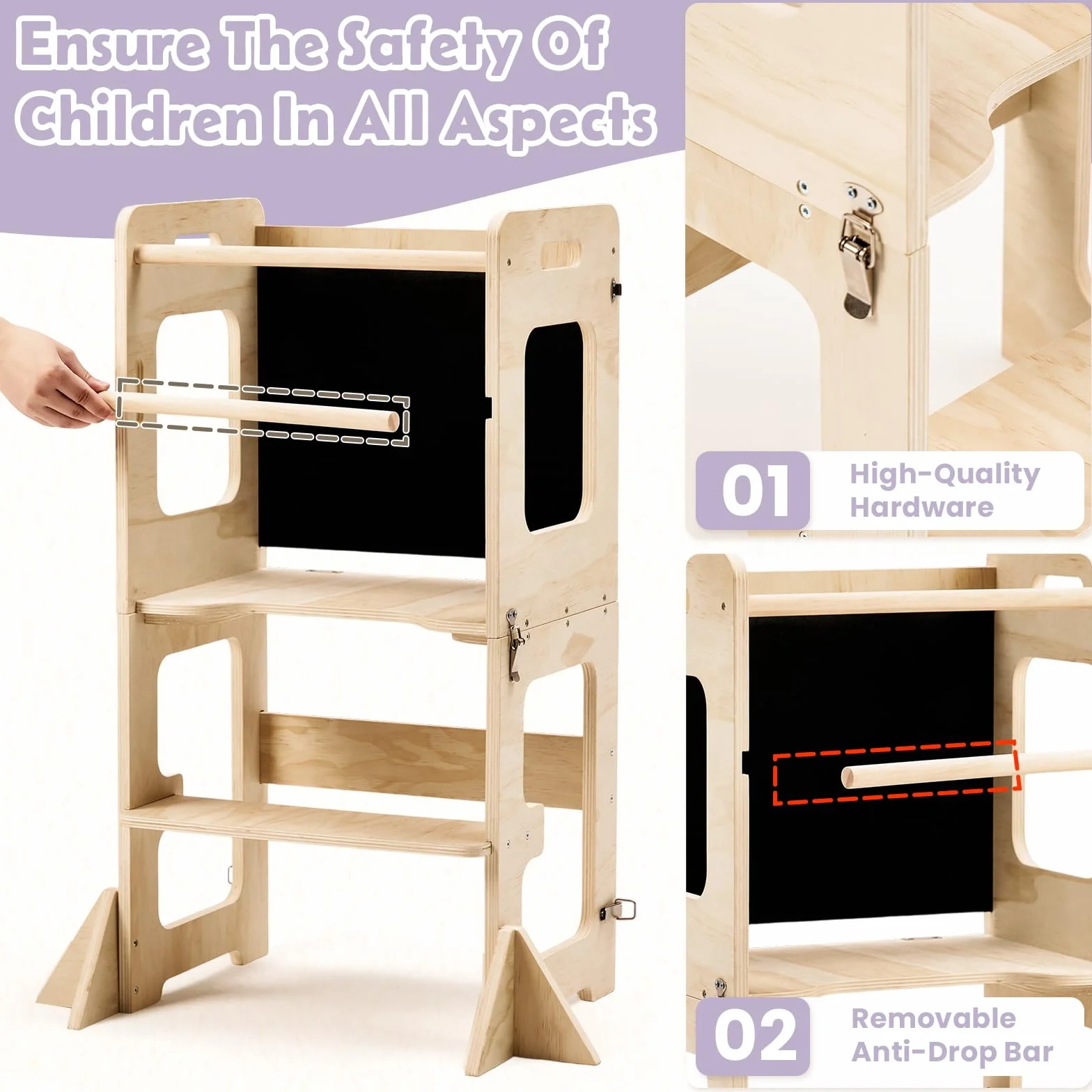 Labebe Lernturm für Kinder, Faltbarer Montessori Learning Tower, 3 in 1 Montessori Küchenhelfer Lernturm ab 18 Monate (Holz)