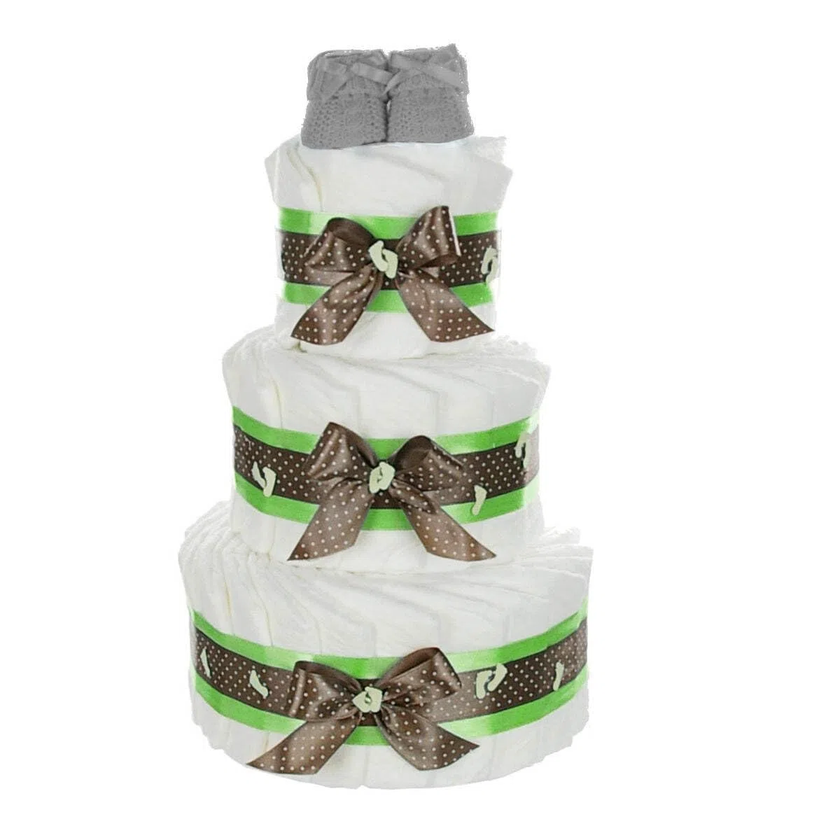 Große Windeltorte mit Babybooties grün neutral / 59-teilig / 3-stöckig