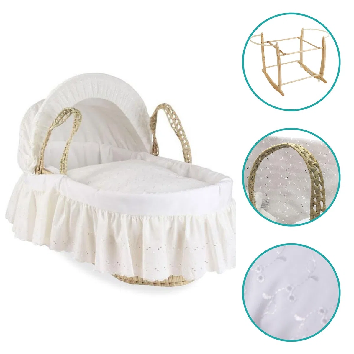 Clair de Lune Babykorb mit Broderie Anglaise Palme, mit Deluxe-Schaukelständer, Babywiege 75 x 28 cm