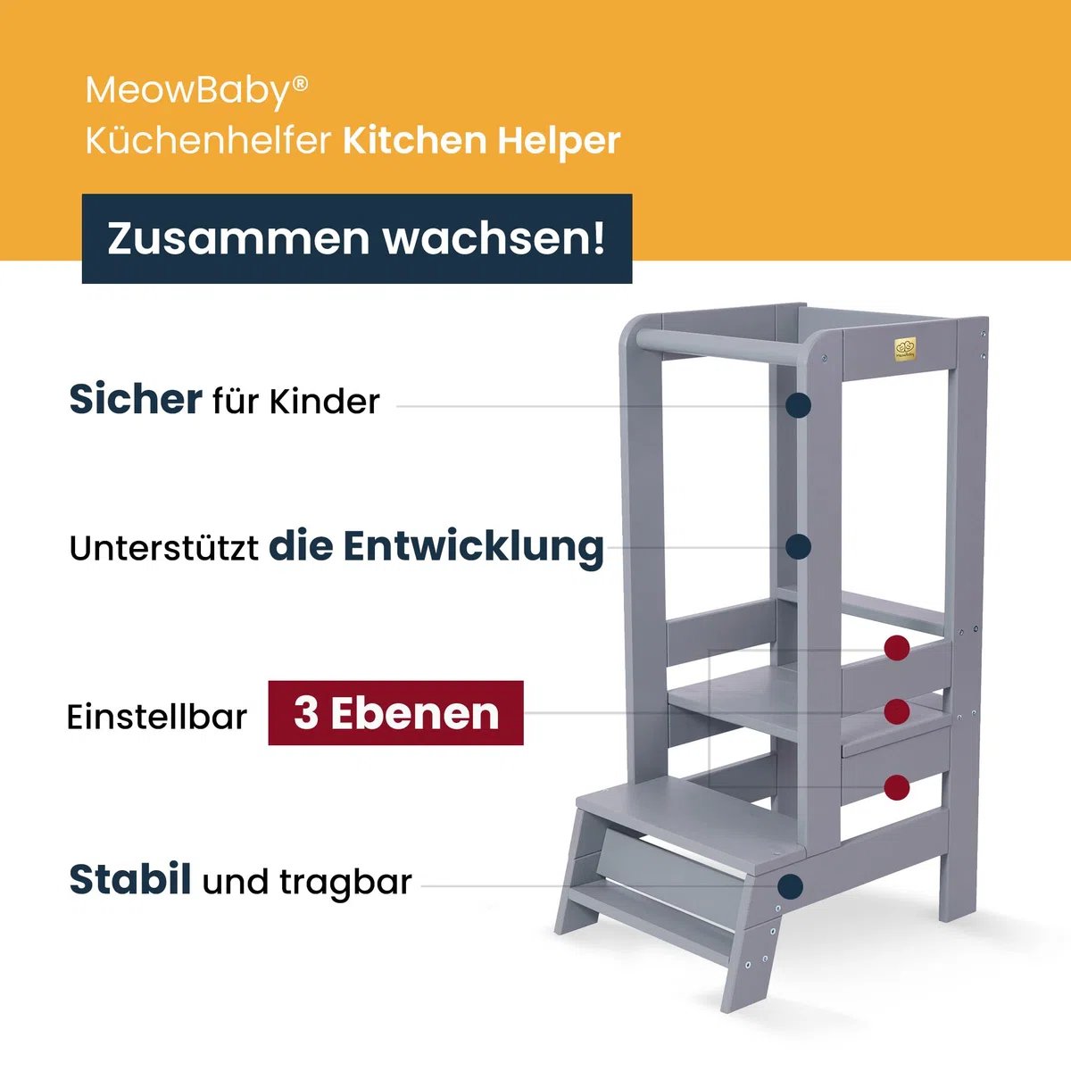 MEOWBABY Lernturm – Höhenverstellbarer Montessori Learning Tower für Kinder – Lernturm ab 1 Jahr – Sicherer Kinder Tritthocker – Holz Küchenhelfer für Küche & Alltag, Schwarz