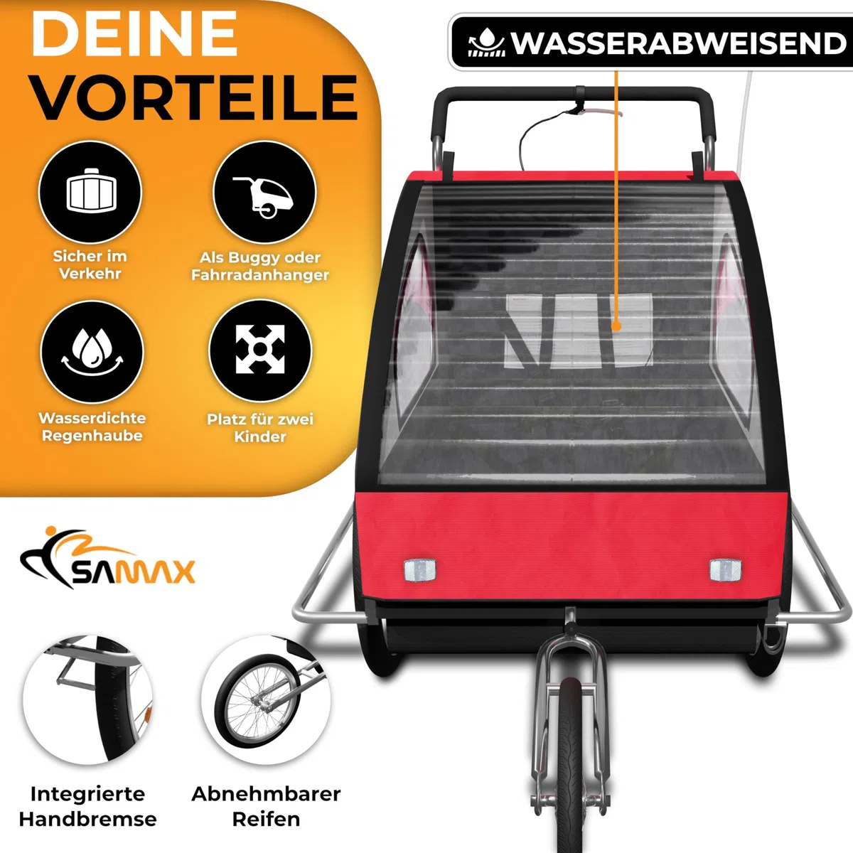 SAMAX Jogger 2in1 Kinderfahrradanhänger mit vollgefederter Hinterachse für 2 Kinder rot/schwarz - Silver Frame
