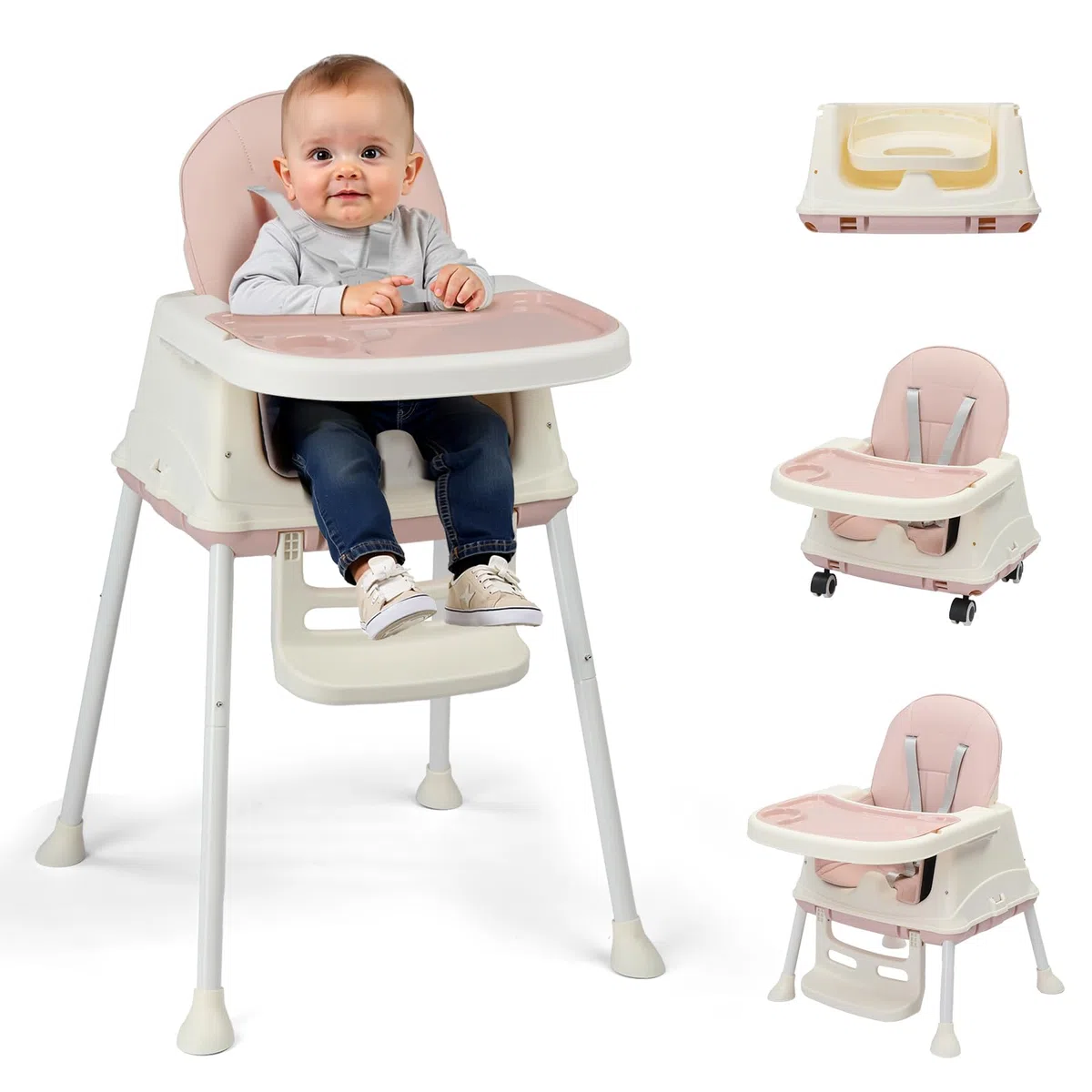 LEADZM 4 in 1 Babyhochstuhl, Umbaubar zum Laufrad und Lauflernwagen, Hochstuhl Baby mit Abnehmbares Doppeltablett und Universalrädern, Mitwachsend ab 0-36 Monate Babystuhl (Rosa)