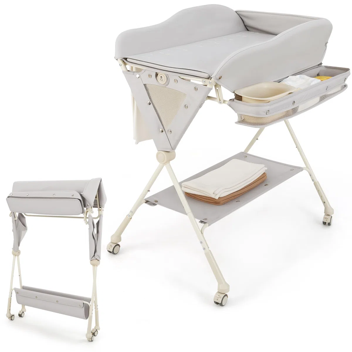 LIFEZEAL Baby Wickeltisch, Wasserfeste Badewanne, Wickelauflage faltbar aus Waldorf-Strickstoff und PP, 11 KG Tragkraft, für Babys 0-6 Monate (Grau)