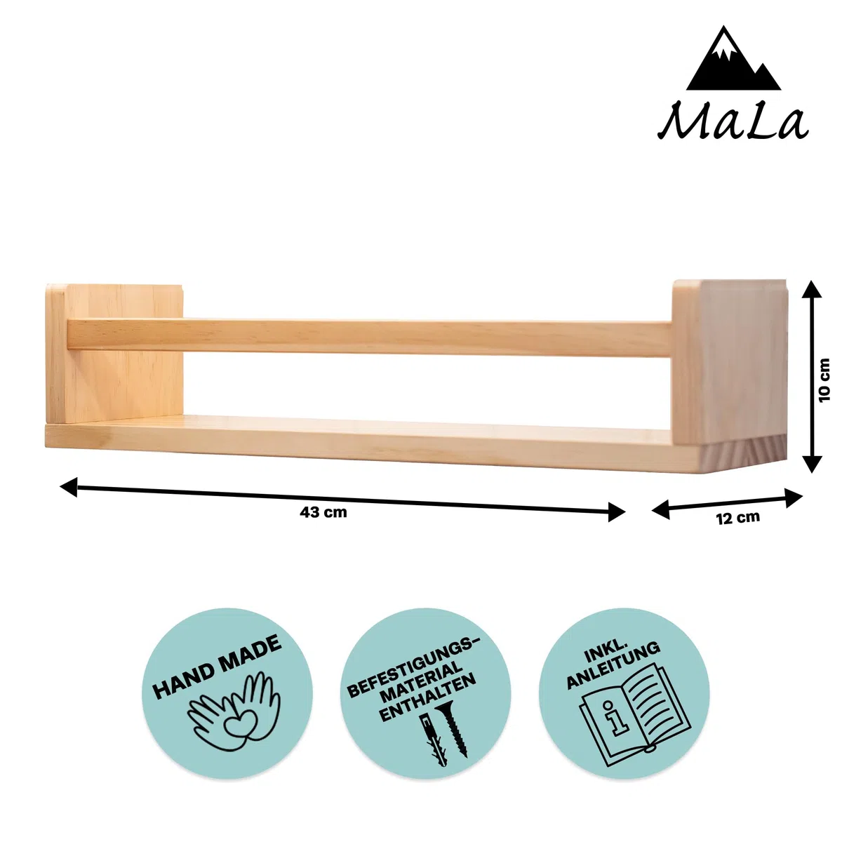 MaLa - 3er Set Natur Bücherregale aus Massivholz – Schweberegal Kinderzimmer Badezimmer Küche Wohnung – Montessori Wandregal für Spielzeug Bilder und Bücher | Abgerundete Ecken