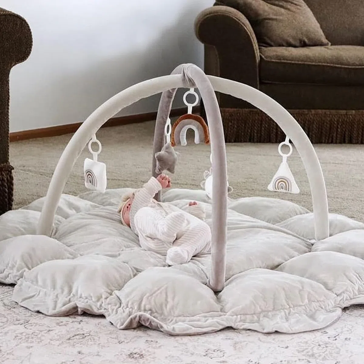 5-in-1 Baby Spieldecke,Krabbeldecke für Baby Spielmatte, Krabbelmatte mit Spielbogen 5 abnehmbarem Babyspielzeug, ab der Geburt