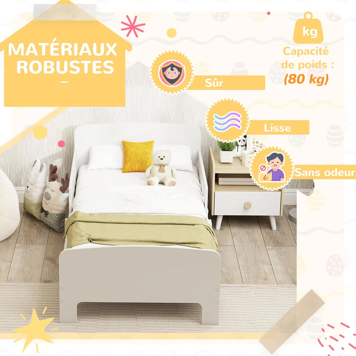 AIYAPLAY Kinderbett, Kinderbodenbett mit hohen Sicherheitsgittern, Lattenrost und stabilem Rahmen, für Mädchen und Jungen von 3 bis 8 Jahren, geeignet für Matratzen 140 x 70 cm, weiß