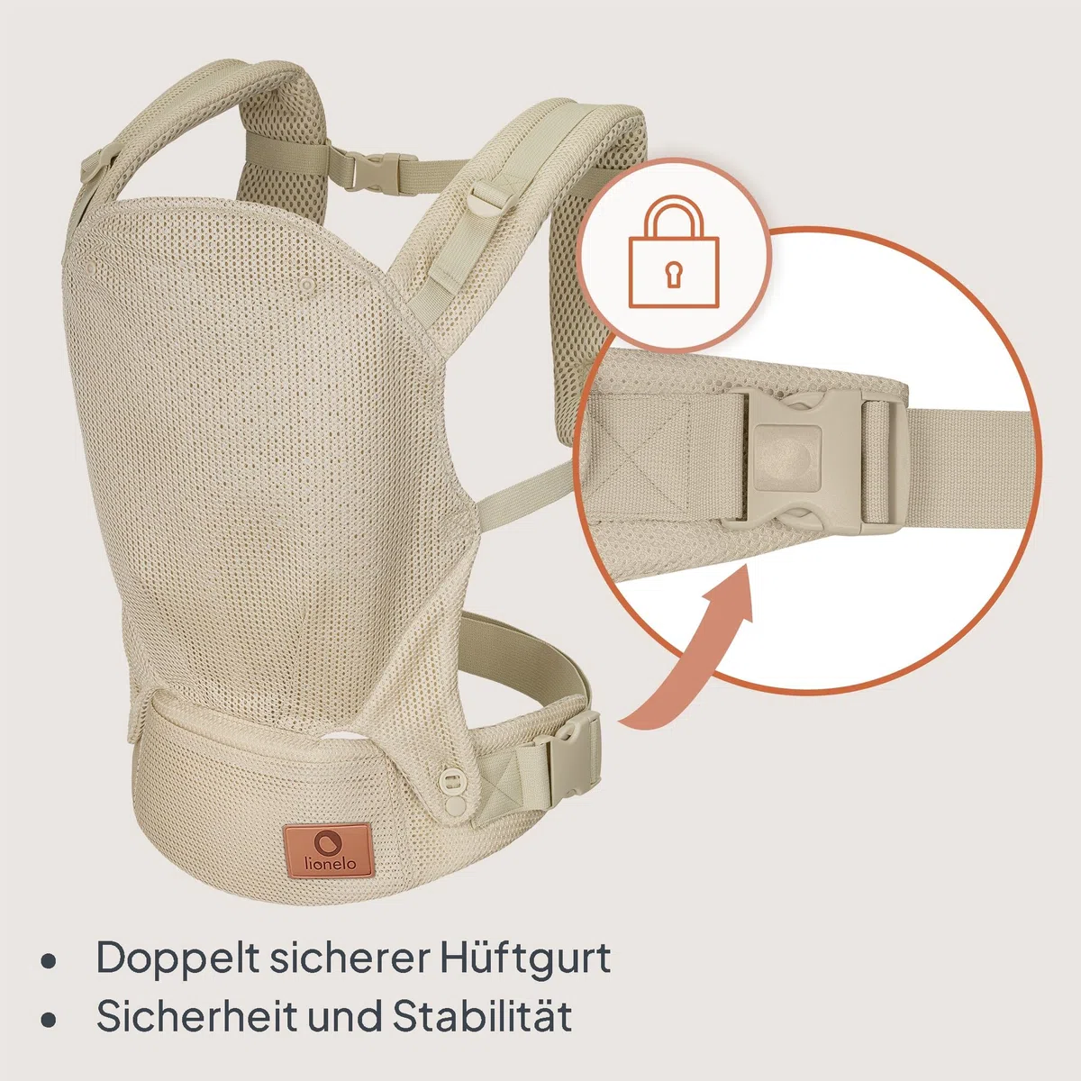 Lionelo Margareet Air Ergonomische Babytrage für Babys von 4 Monaten bis 20 kg, 3 Tragepositionen, atmungsaktives Material, abnehmbare Kapuze, doppelte Sicherheit