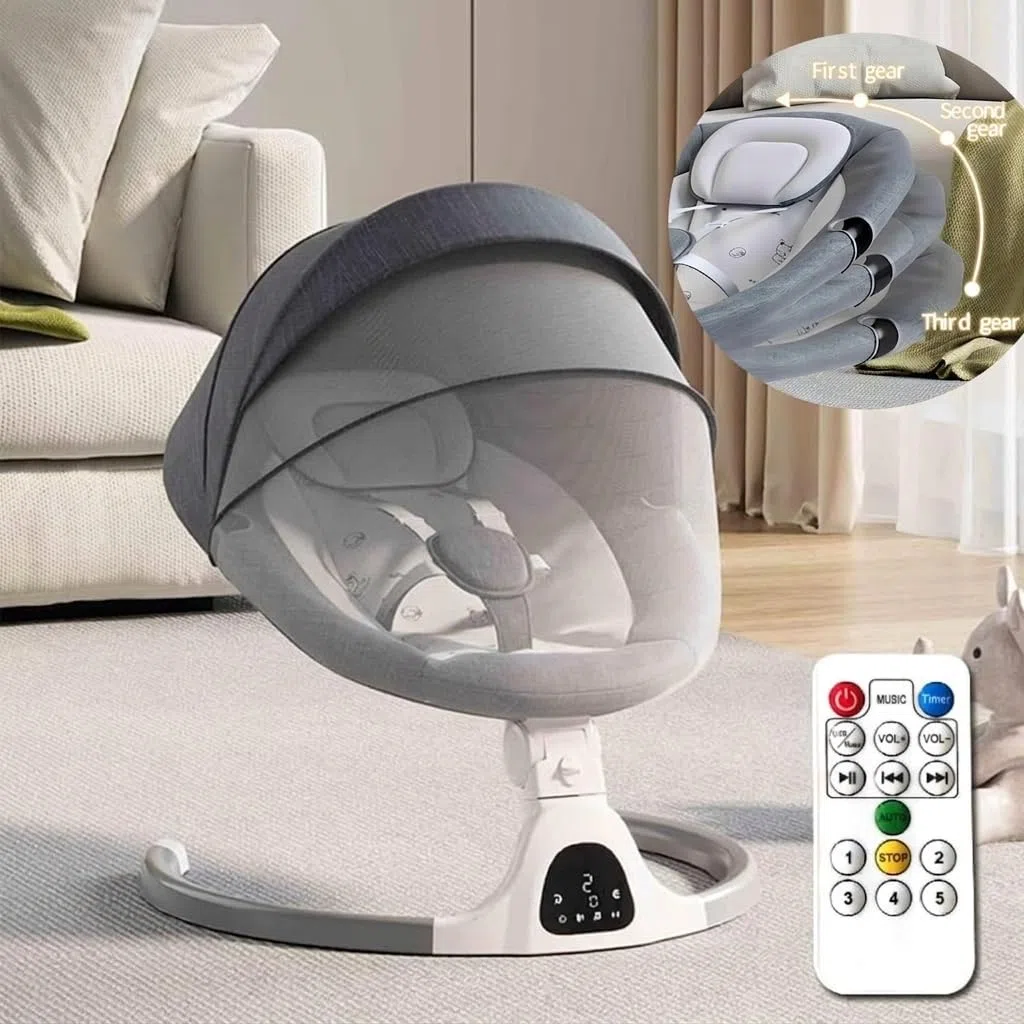 Adjustable Height Baby Swings Bluetooth, 5 Geschwindigkeit Musik-Lautsprecher mit 12 voreingestellten Schlaflieder, Fernbedienung Indoor-Baby-Wippe für 5-20 Monaten Geschenksets für Babys (Grey)