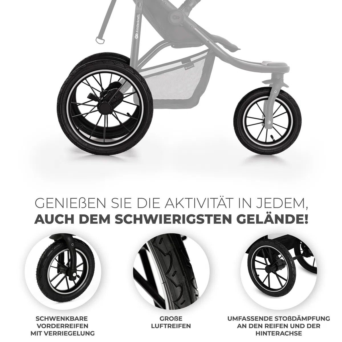 Kinderkraft HELSI 2 Buggy bis 27 kg, ab Geburt, große Luftreifen, Liegefunktion, verstellbarer Griff, zusammenklappbar, Untersitzkorb, Grau