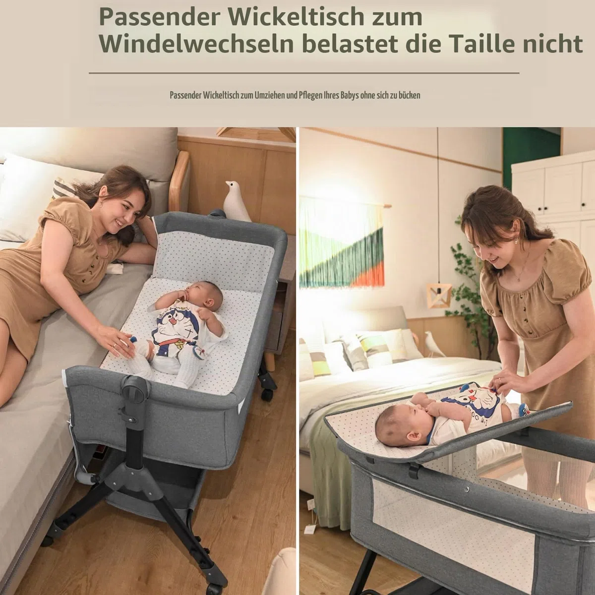 Next to me Beistellbett höhenverstellbar, tragbarer Stubenwagen, stabiles Babybett 3-in-1, mit waschbarer Matratze, Wickeltisch, Aufbewahrungstasche, 4 feststellbare Räder, Moskitonetz, für 0