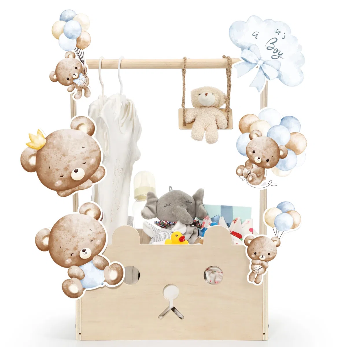 Cinnvoice Geschenkkörbe für Babypartys, mit Aufhänger, Holzkiste, Schrank, Bärenkarten, Dekoration, Kiste für Babys, Jungen, Mädchen, Schwangerschaft, neue Eltern, Geschenke (Blau, It's a Boy)