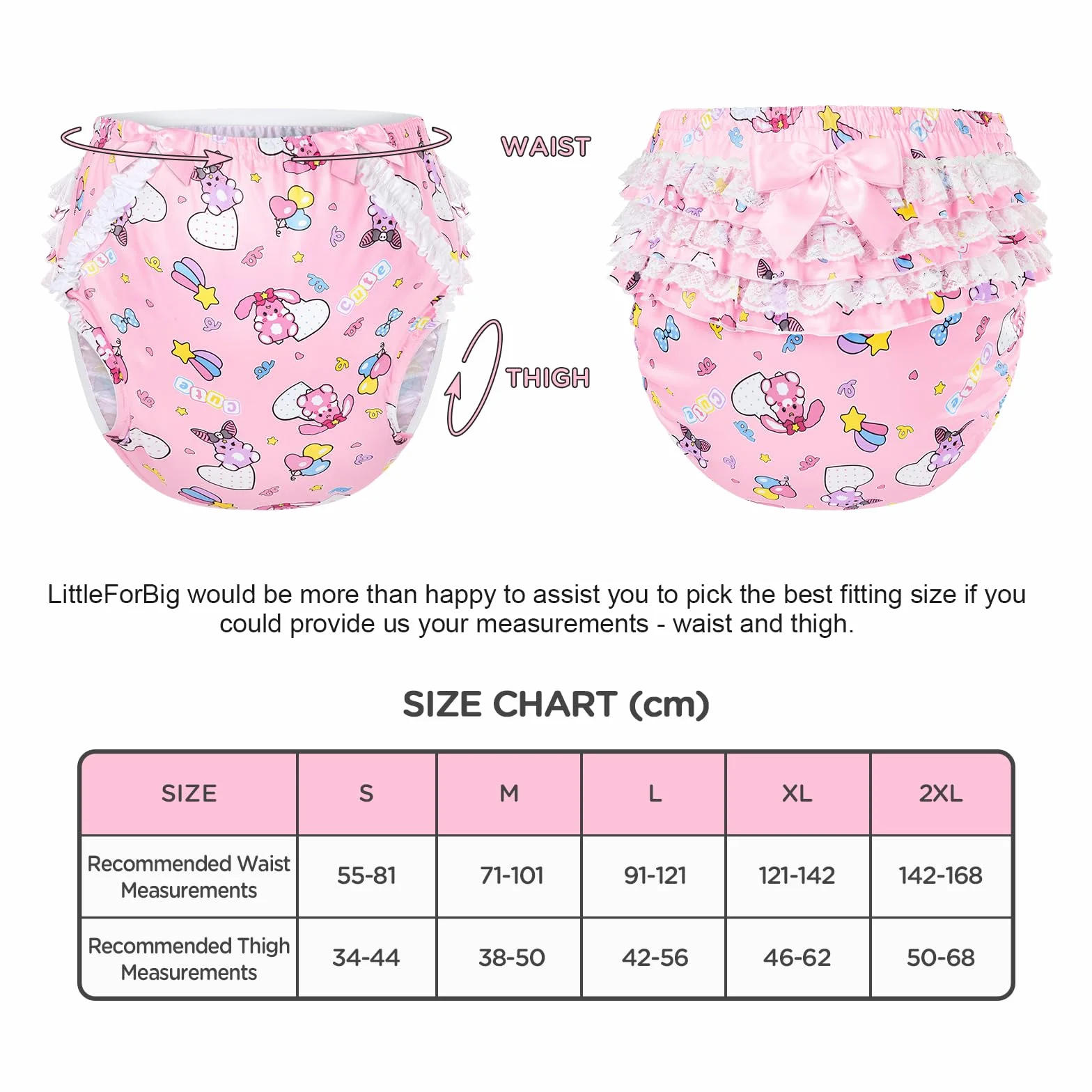 LittleForBig Seidenartiger Waschbarer Wiederverwendbarer Wasserdichter Rüschenspitze mit Satinband Baby Usagi & Bella Muster Rüschen Erwachsene Windel Abdeckung Rosa L