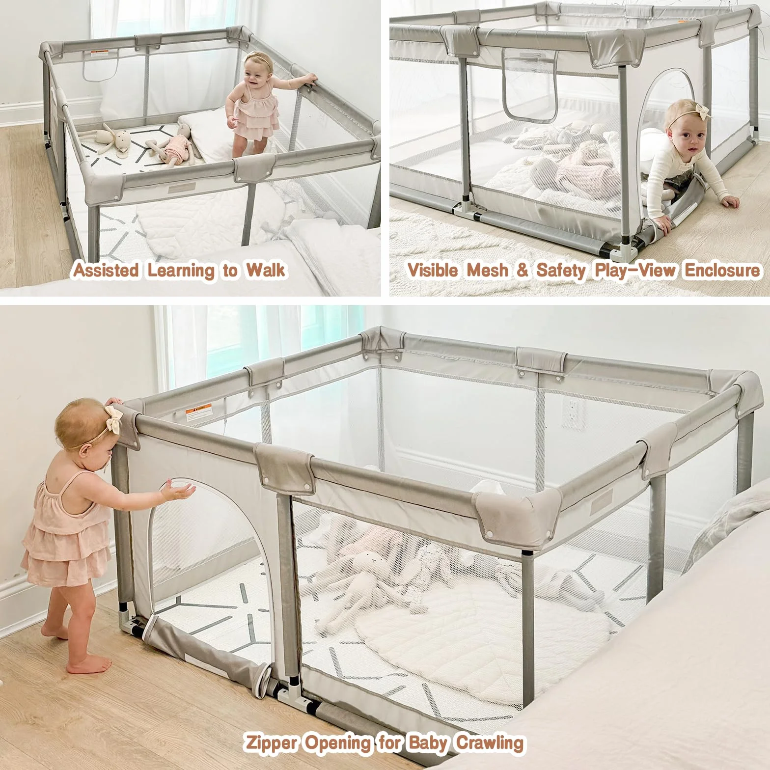 laufstall baby, laufgitter baby 120x120cm, laufstall Spielbereich mit atmungsaktiver Netzmatratze, rutschfester Basis & extragroßem