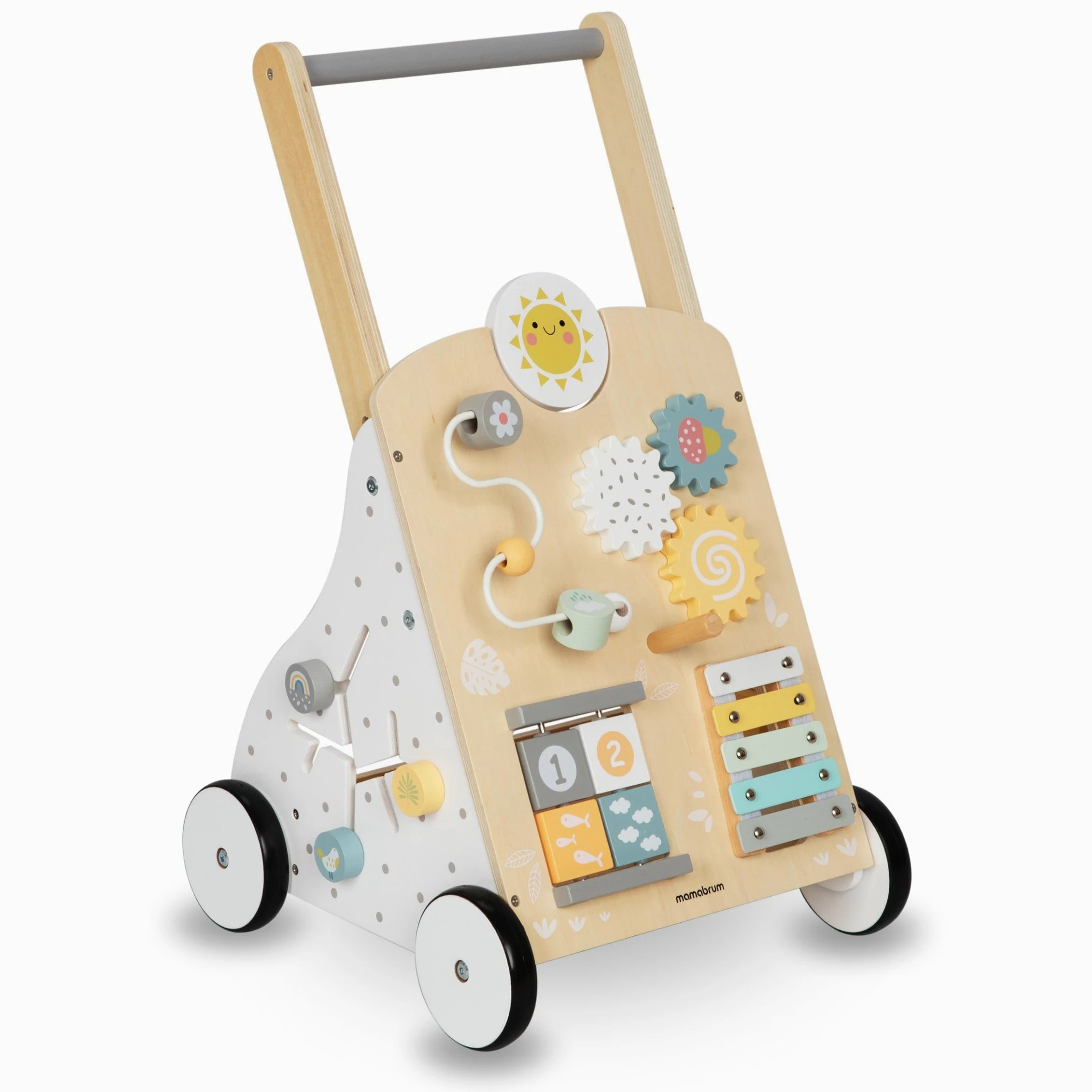 Mamabrum Lauflernwagen aus Holz mit Multifunktionalem 8in1 Spielcenter – Motorikspielzeug für Kleinkinder, Stabile Konstruktion, Xylophon und Zahnräder