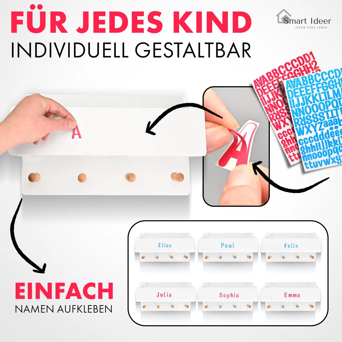 Kindergarderobe mit Ablage - Individuell mit selbstklebenden Buchstaben - Wandgarderobe aus Holz - Garderobe mit 4 Haken - Garderobe Kinder mit Ablage