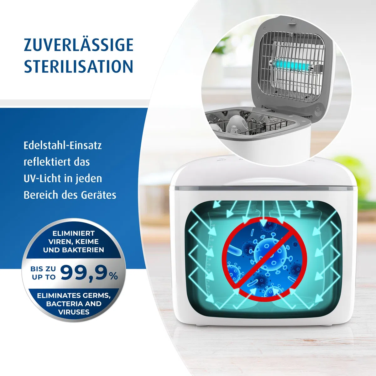 reer UV-C Desinfektionsgerät mit Trocknungsfunktion | Sterilisator für Babyflaschen und Baby Zubehör | Flaschensterilisator