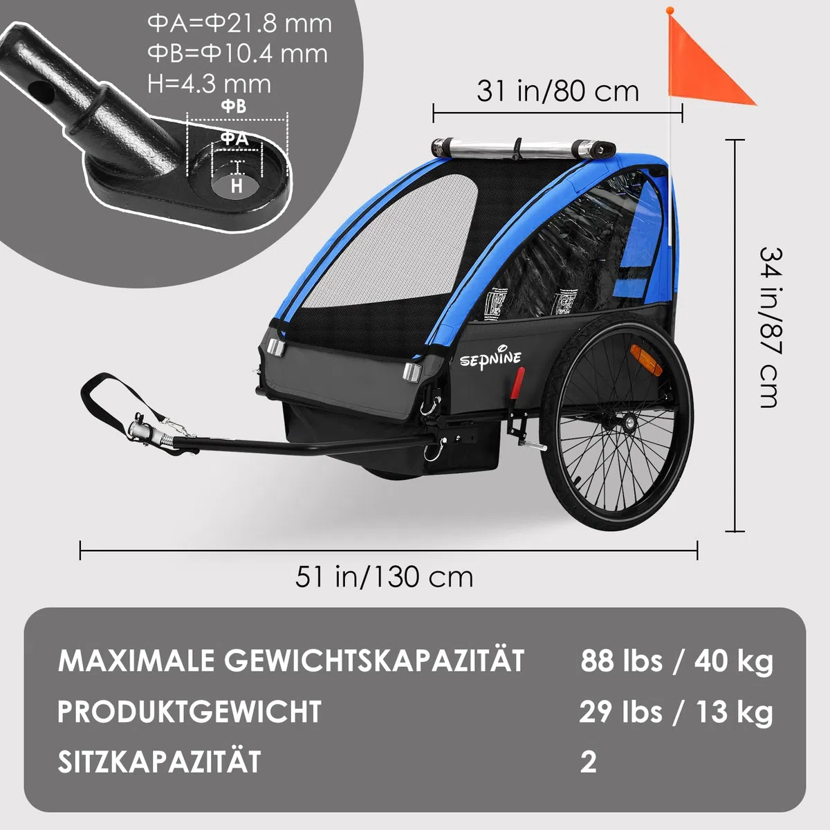 SEPNINE Kinderanhänger für Fahrrad, Fahrradanhänger für 1-2 Kinder, mit 5-Punkt-Sicherheitsgurt, Luftreifen, Handbremse, Faltbar, Max. 40 kg (Dunkelblau)