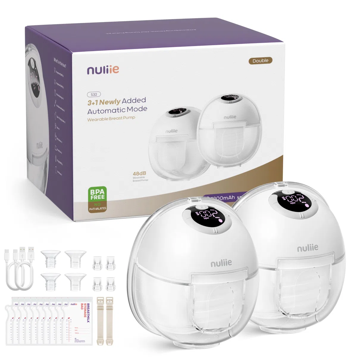 Nuliie S32 Elektrische Milchpumpe Tragbar, 2 Packs, Weiß | Freihändig, 4 Modi, 9 Stufen, mit 13/15/17/19/21/24 mm Komfortabler Flansch, Privat, mit Ersatzzubehör im Lieferumfang