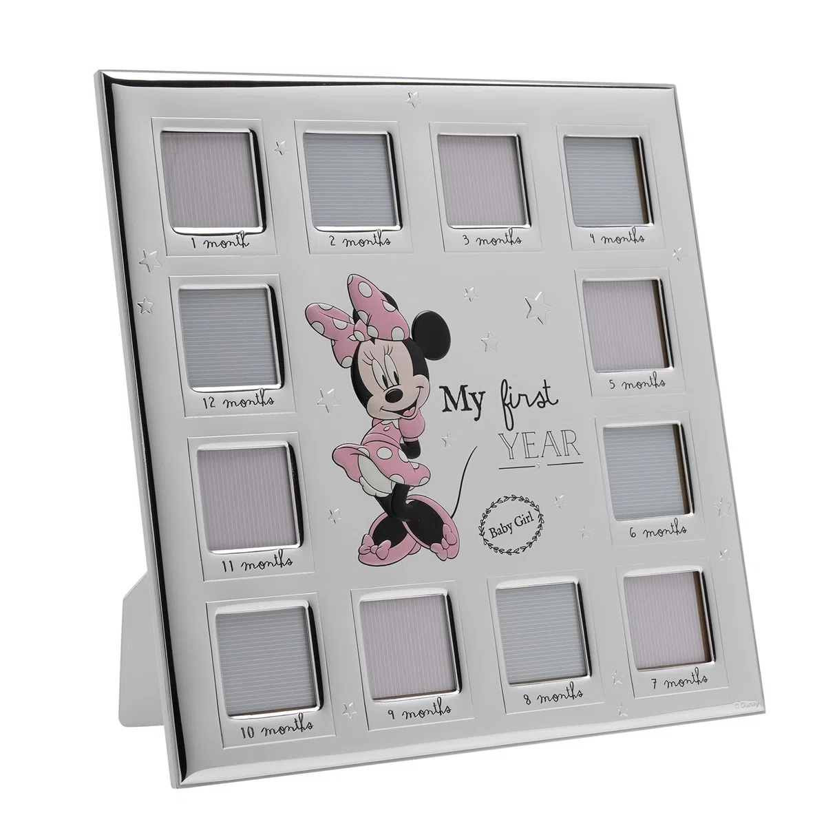 Disney – Minnie Mouse – Echt versilberter Multi-Bilderrahmen "My First Year" – hergestellt in Italien, lizenziertes Disney-Merchandise-Produkt, selbststehend, Holzrückseite, Frühjahr, Geburt, Geschenk