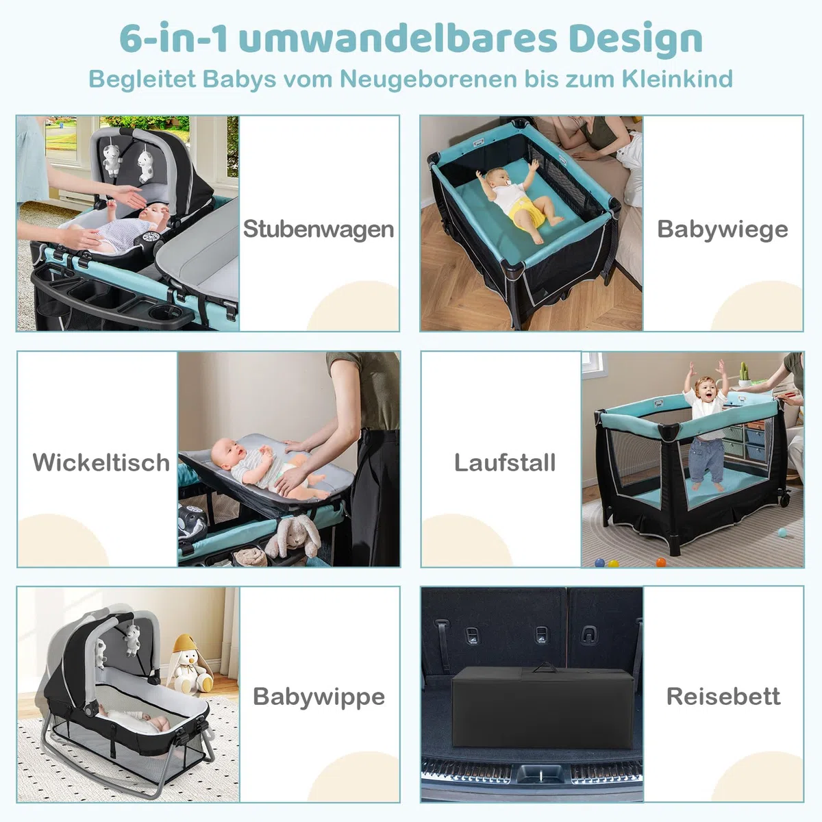 DREAMADE Reisebett mit Matratze,6-in-1 Babybett, Reisegitterbett mit Bassinet, Windelwechsel Tisch, Aufbewahrungstasche, Musikbox, Hängespielzeug, Abschließbare Räder, für 0-36 Monate (Grün)
