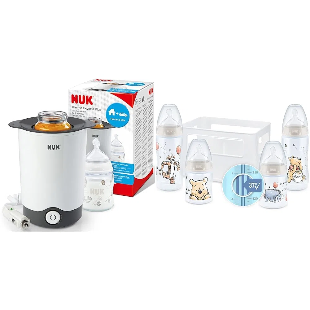 NUK Thermo Express Plus Flaschenwärmer & First Choice+ Babyflaschen Starter Set | 0–6 Monate | 4 Flaschen mit Temperature Control Anzeige & Flaschenbox 5 Stück