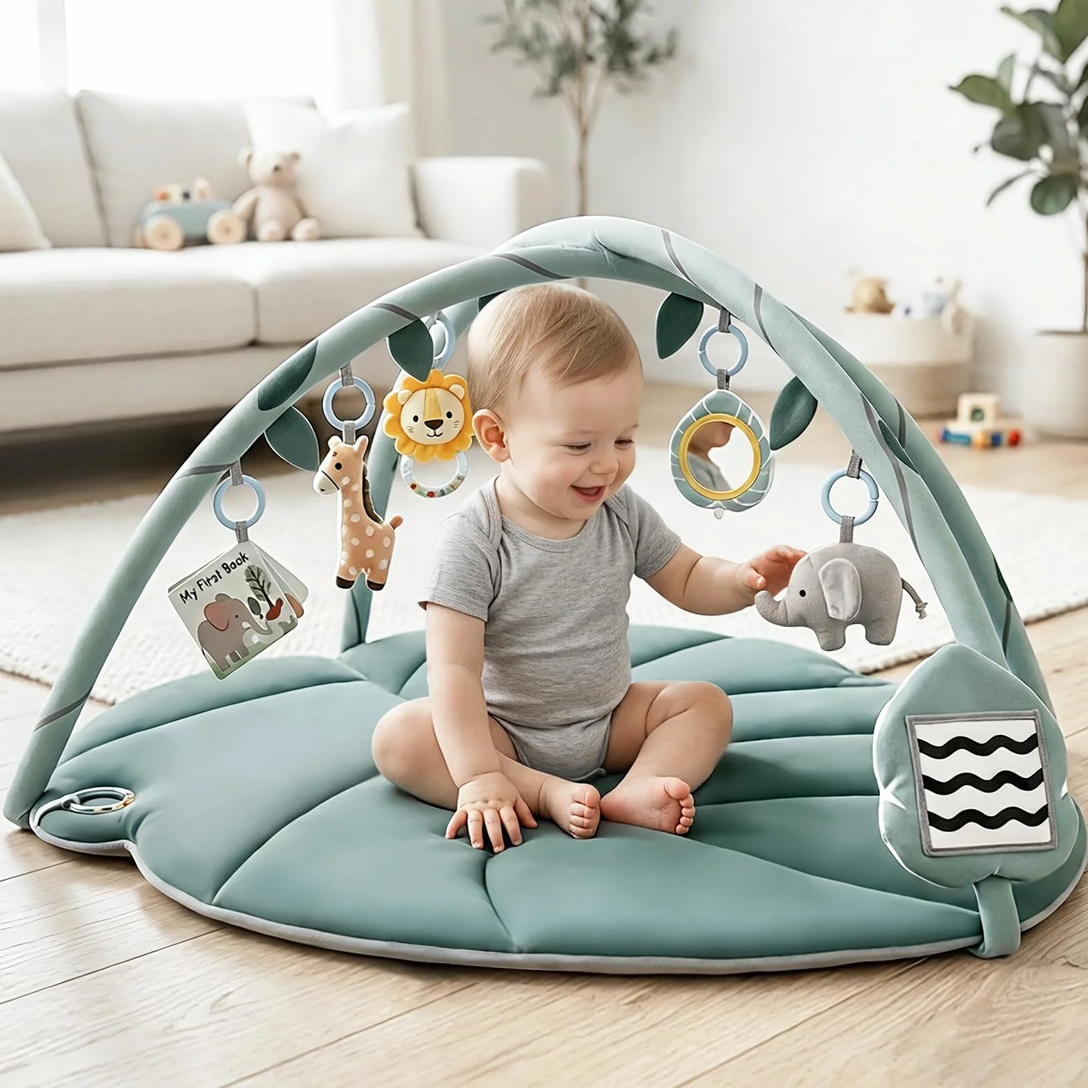 Spielmatte Baby mit Spielbogen, Vanplay Spieldecke Baby mit Bogen, Rutschfest Spieldecke Greifspielzeug Baby Stoffbuch, 6 Abnehmbaren Babyspielzeug, Geschenk Neugeborenes Junge Mädchen