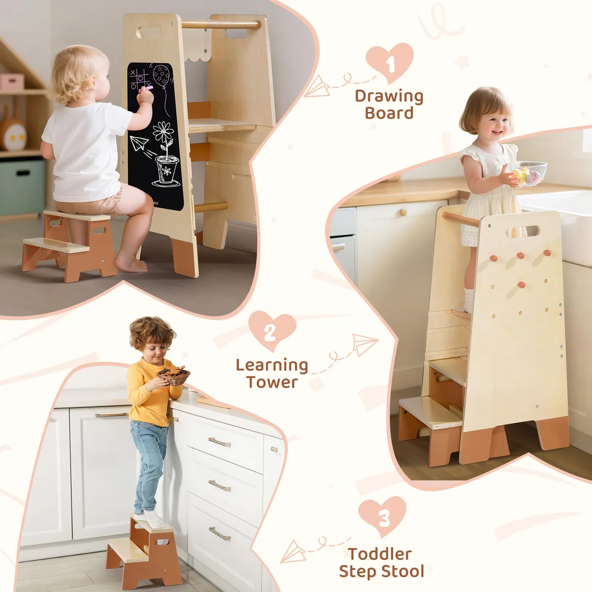 ROBOTIME Tritthocker aus Holz für Kleinkinder mit Sicherheitsgeländer & Tafel – Montessori Küchenhelfer für Kinder ab 2 Jahren, Badezimmer- & Kindermöbel