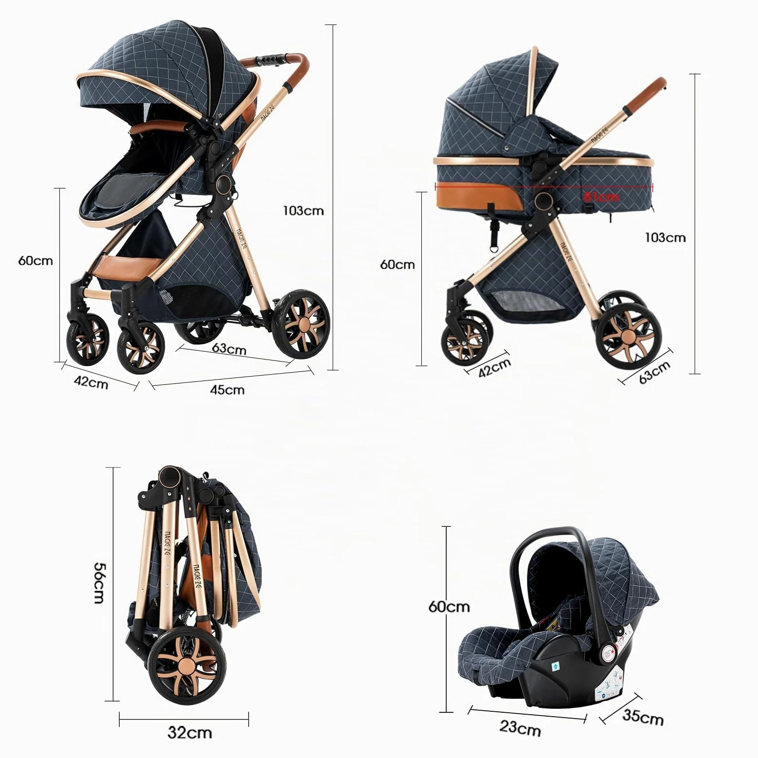 MoLi Kinderwagen 3 in 1, Kinderwagen mit Umkehrbarem Doppelschiebemodus, Buggy mit Großer Bequemer Babywanne, Kombikinderwagen 3 in 1 Rahmen Aluminiumlegierung Faltbar Hohe Landschaft (225 Black Gold)