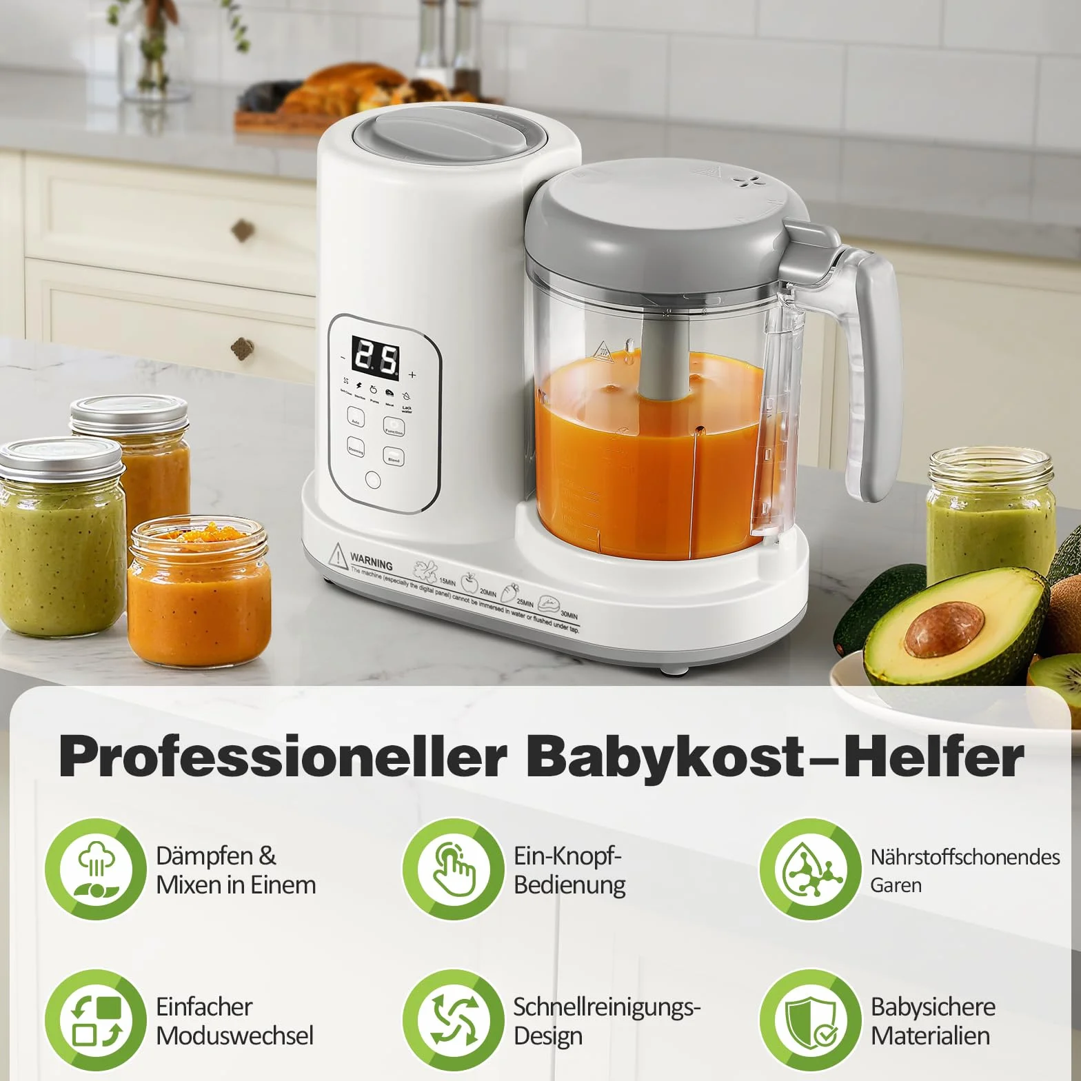 TopStrong Babynahrungszubereiter, Baby Food Maker Dampfgarer mit Dämpfen, Mixen, Auftauen & Erwärmen, Multifunktions Babybrei Zubereiter mit Selbstreinigungsfunktion, Küchenmaschine für Babynahrung