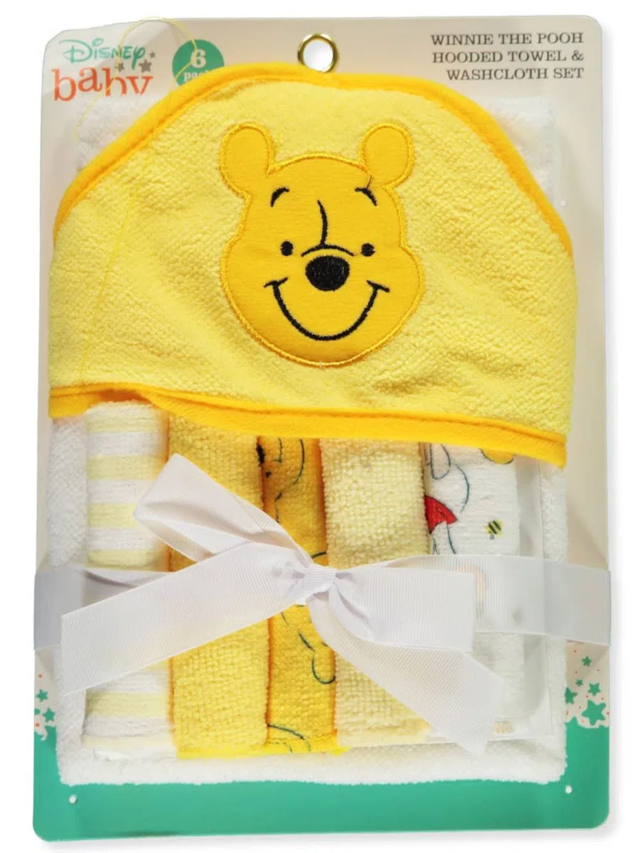 Cudlie Accessories Disney Baby Winnie The Pooh Hooded Towel mit 5-teiligem Waschlappen-Set, Honey Collector Print, GS71798, Gelb