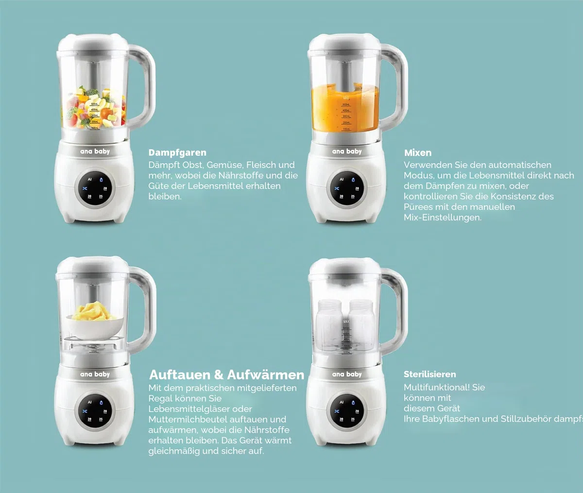 Babynahrung Dampfgarer & Mixer mit 4 Funktionen – Dampfen, Mischen, Auftauen, Aufwärmen, Sterilisieren