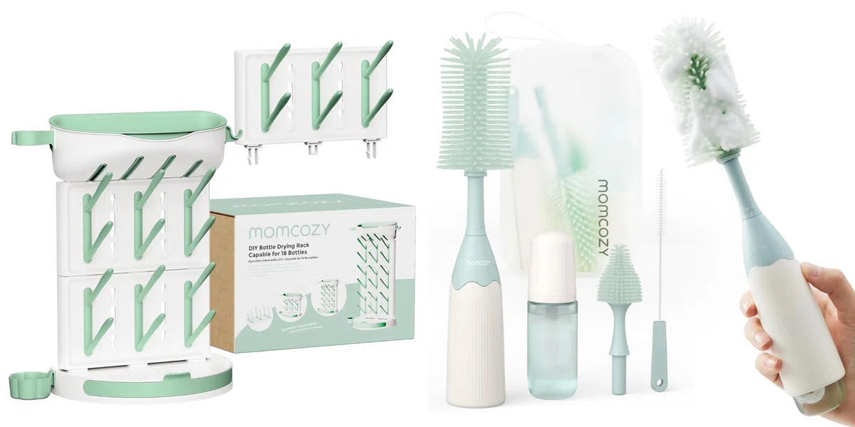 Momcozy Baby Flaschenbürste Set mit Druck-Schaumtechnologie & Momcozy Premium Babyflaschen Trockenständer – Vertikaler Flaschenhalter für 18 Flaschen & Stillzubehör