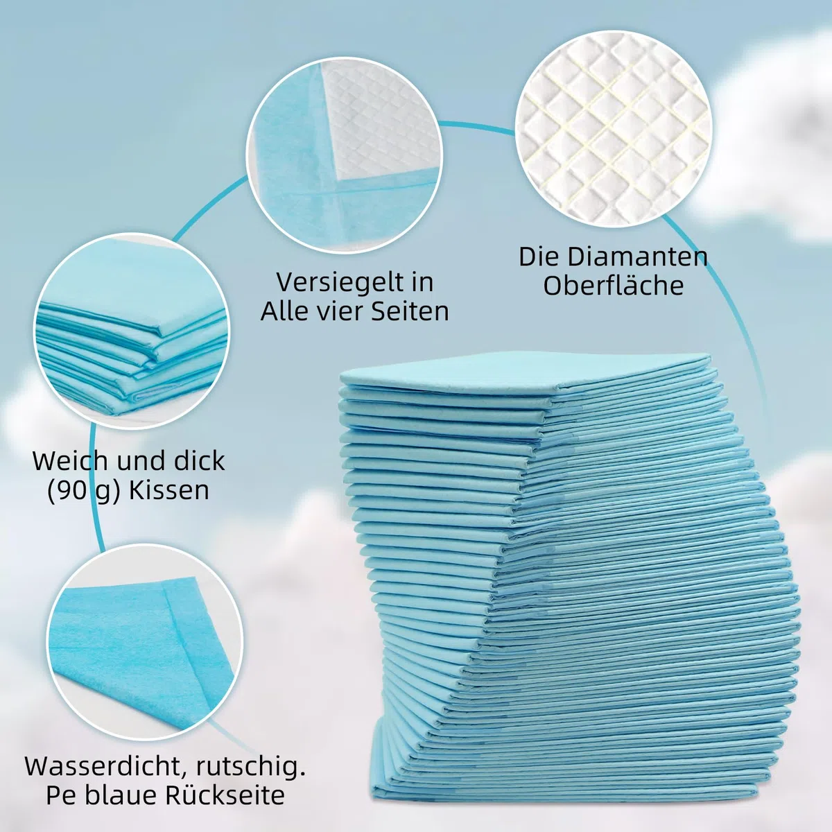 Wegwerf-Bettpads für Inkontinenz 50 Stück 60x90cm 5-lagig,90g/Stück,SAP 6g Betteinlagen Inkontinenz Einweg Erwachsenen, Heavy Duty Bettpads Inkontinenz, Einweg-Wickelunterlagen