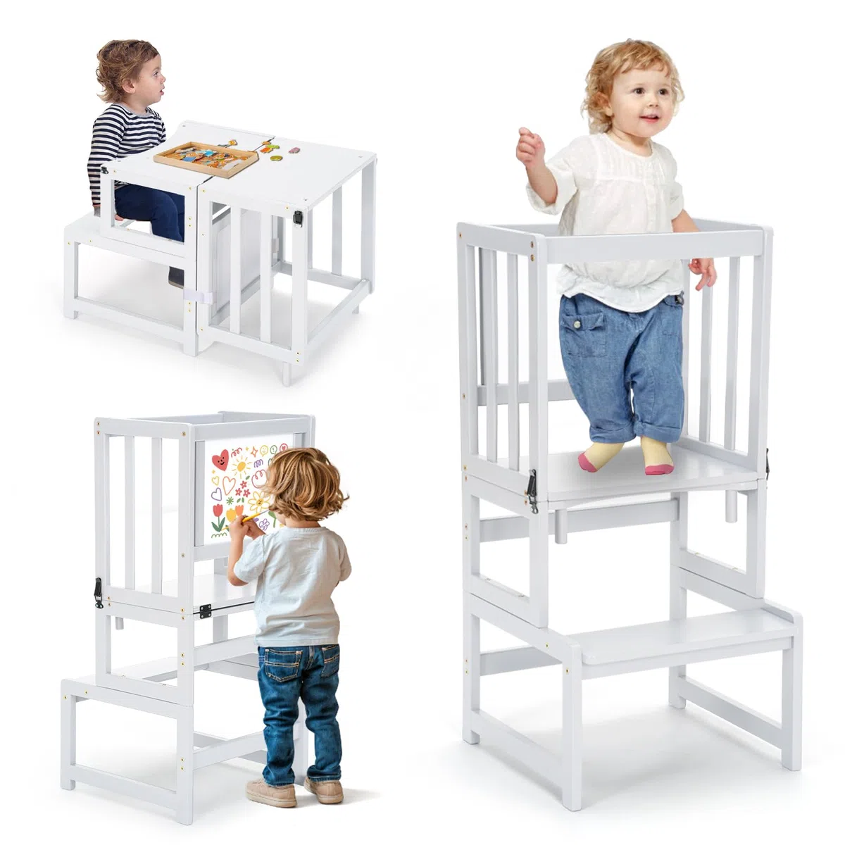 COSYLAND 3-in-1-Küchenhocker-Helfer für Kleinkinder, wandelbarer Stehturm mit Whiteboard für Kinder, Badezimmer, Küche, Theke, Helfer, Mutterhelfer, Lernhocker (Weiß)