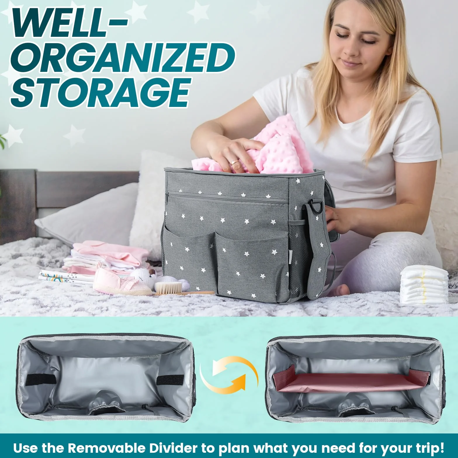 Orzbow Groß Kinderwagen Organizer, Wasserdichte Kinderwagen Tasche mit Getränkehalter & Abnehmbarer Trennwand, Universell Einsetzbar, Robuster Klettverschluss, Verstellbarer Schultergurt & Haken, Grau