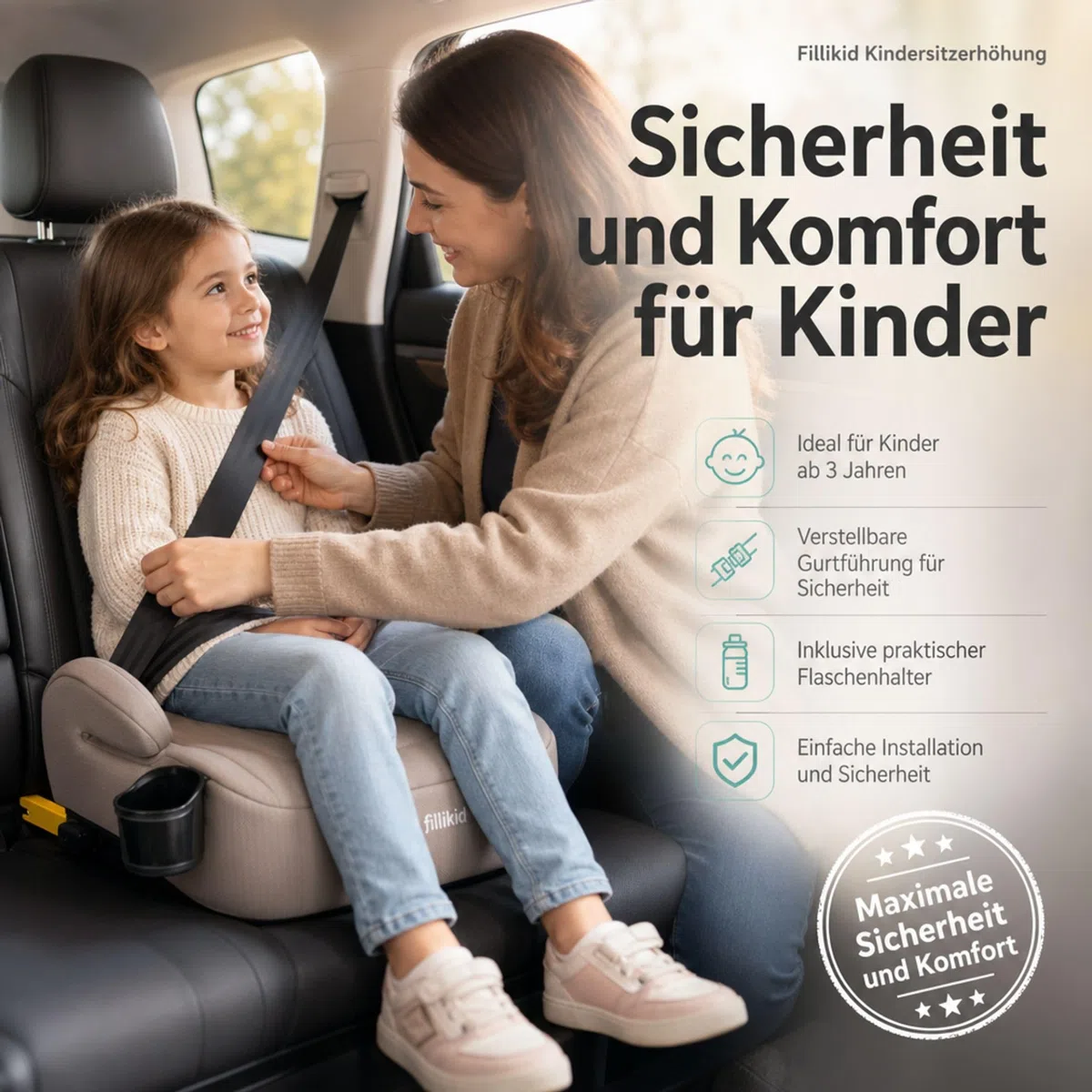 Fillikid Kindersitzerhöhung ohne Isofix, Autositzkissen für Kinder 125-150 cm 22-36 kg 6-12 Jahre