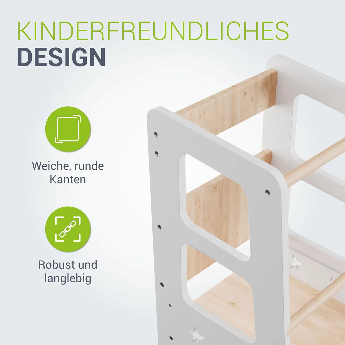 Juskys Lernturm Henny - für Kinder ab 1 Jahr, Stehhilfe, 3-Fach höhenverstellbar, Umkippschutz, Küchenhelfer - Weiß