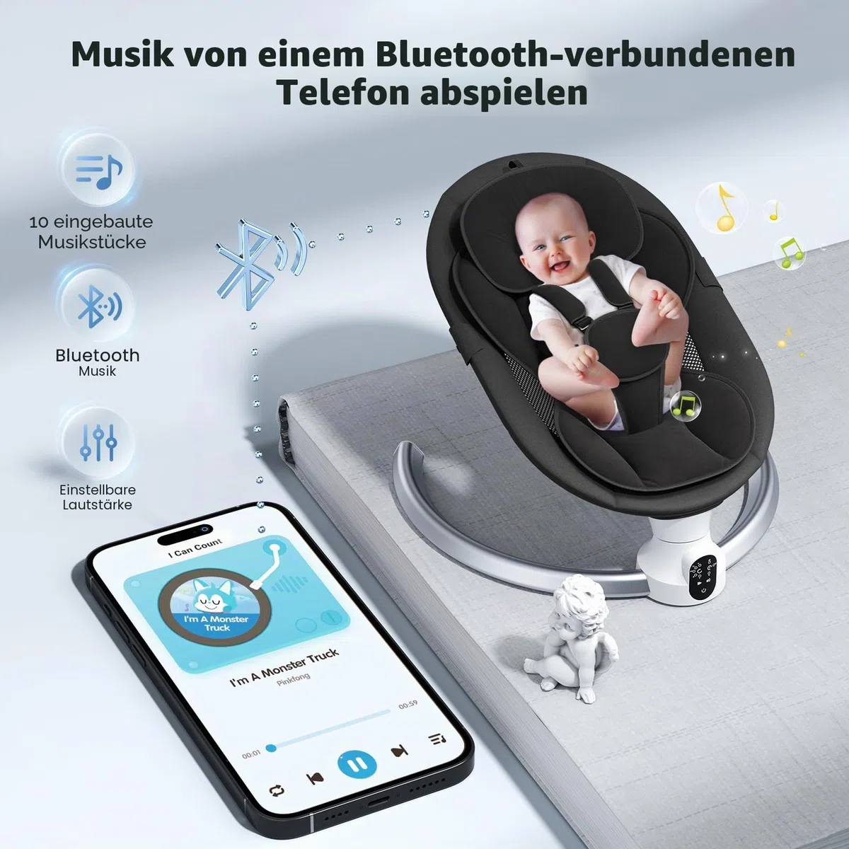 Elektrische Babywippe - Baby Schaukelstuhl für Neugeborene bis 9kg, 5 Schwinggeschwindigkeiten, Bluetooth & Musik, 3-fach Timer, Tragbar & Klappbar, Fernbedienung, Baby Schaukel für Zuhause