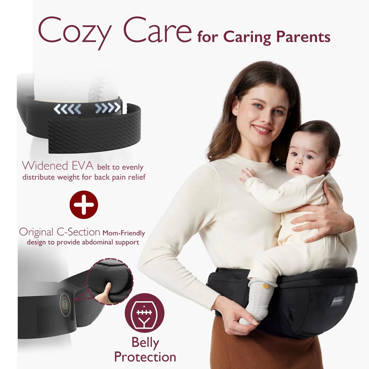 Momcozy Hüfttrage Baby - Originaler 3D-Bauchschutz & EVA-Massageplatte, Ergonomische Babytrage mit Taschen für Neugeborene und Kleinkinder bis 20 kg, Leichtgewicht (Schwarz, Mittelgroß)