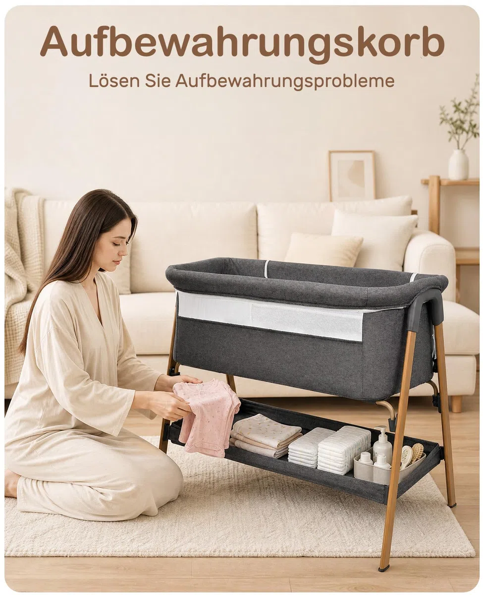 UBRAVOO Beistellbett Baby 2-in-1, Babybett & Baby Wiege für Neugeborene – mit Aufbewahrungskorb & Weicher Matratze (Grau)