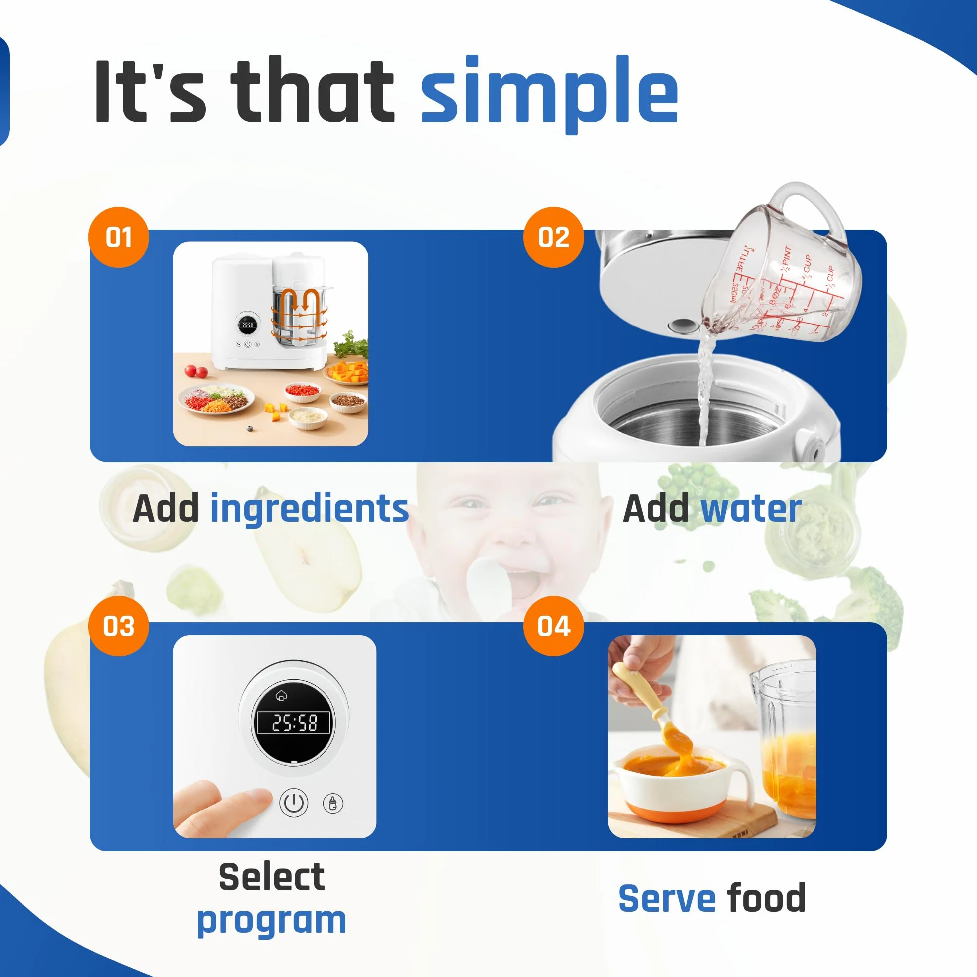 Baby Food Maker, 6-in-1 Babybrei Zubereiter & Dampfgargerät, Mixen, Pürieren, Stomen, Erwärmen, Auftauen & Sterilisieren, 300 ml Edelstahl-Mixbehälter, inkl. 2 Aufbewahrungsbechern, BPA-frei