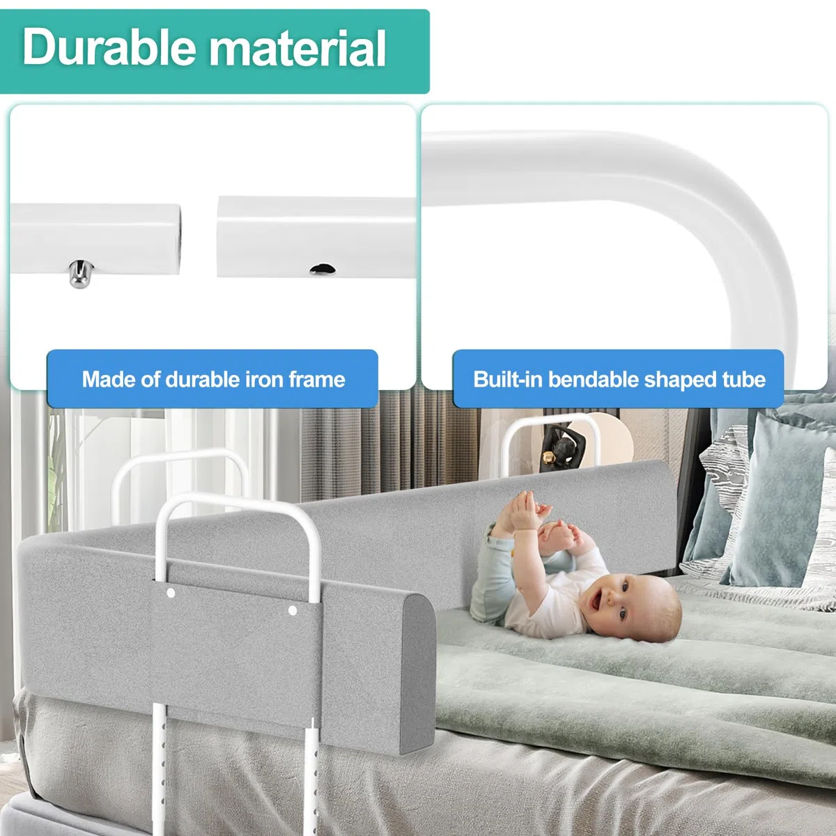 2X Bettgitter für Kinder 150cm, Baby Bettschutzgitter 5-Loch Höhenverstellbar, Weich Rausfallschutz Bett, Kinderbettgitter für Familienbett und Kinderbett, Grau
