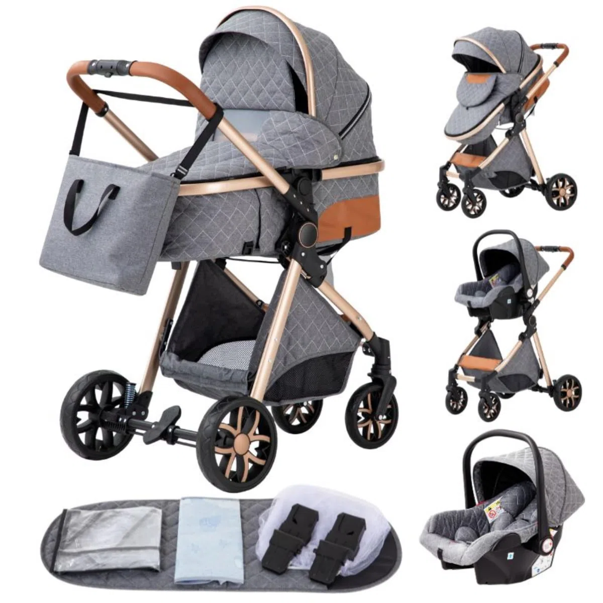 YAZOCO kinderwagen 3 in 1, Zusammenklappbar kinderwagen mit Wickeltasche,Komplettset Becherhalter,Moskitonetz, Fußabdeckung,Sitzzubehör (4 grau)