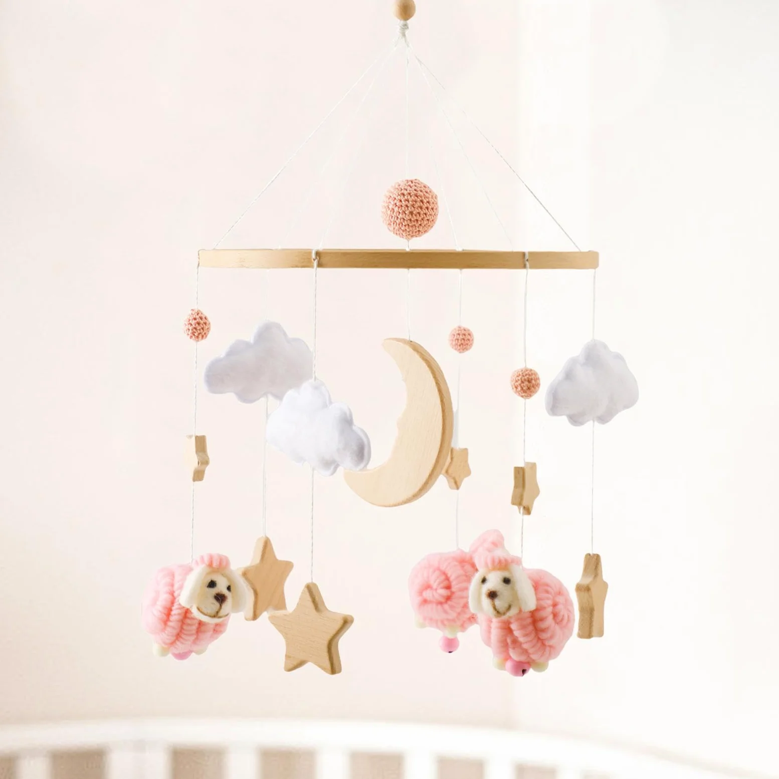 Babybett Mobile mit Rasseln, Sensorischem Spielzeug, Bettglocke, Filz Hängedekoration für Neugeborene (0 6 Monate), Rosa