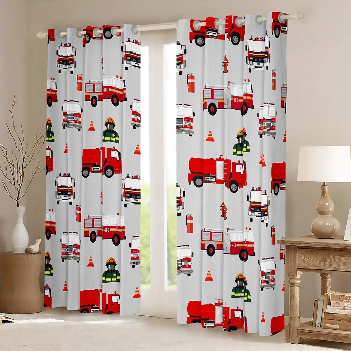 Loussiesd Kinder Feuerwehrmann Fenstervorhang 175x140cm Jungen Feuerwehr Feuerwehrmann Blickdichte Vorhänge Rotes Feuerwehrauto Fahrzeug Muster Vorhänge für Mädchen Schlafzimmer Dekor