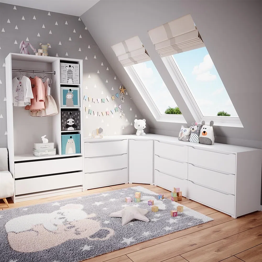 Vicco Kinderkleiderschrank Elmo, Weiß, 100 x 200 cm mit 2 Schubladen und Faltboxen, geeignet zur übersichtlichen Aufbewahrung von Kinderkleidung