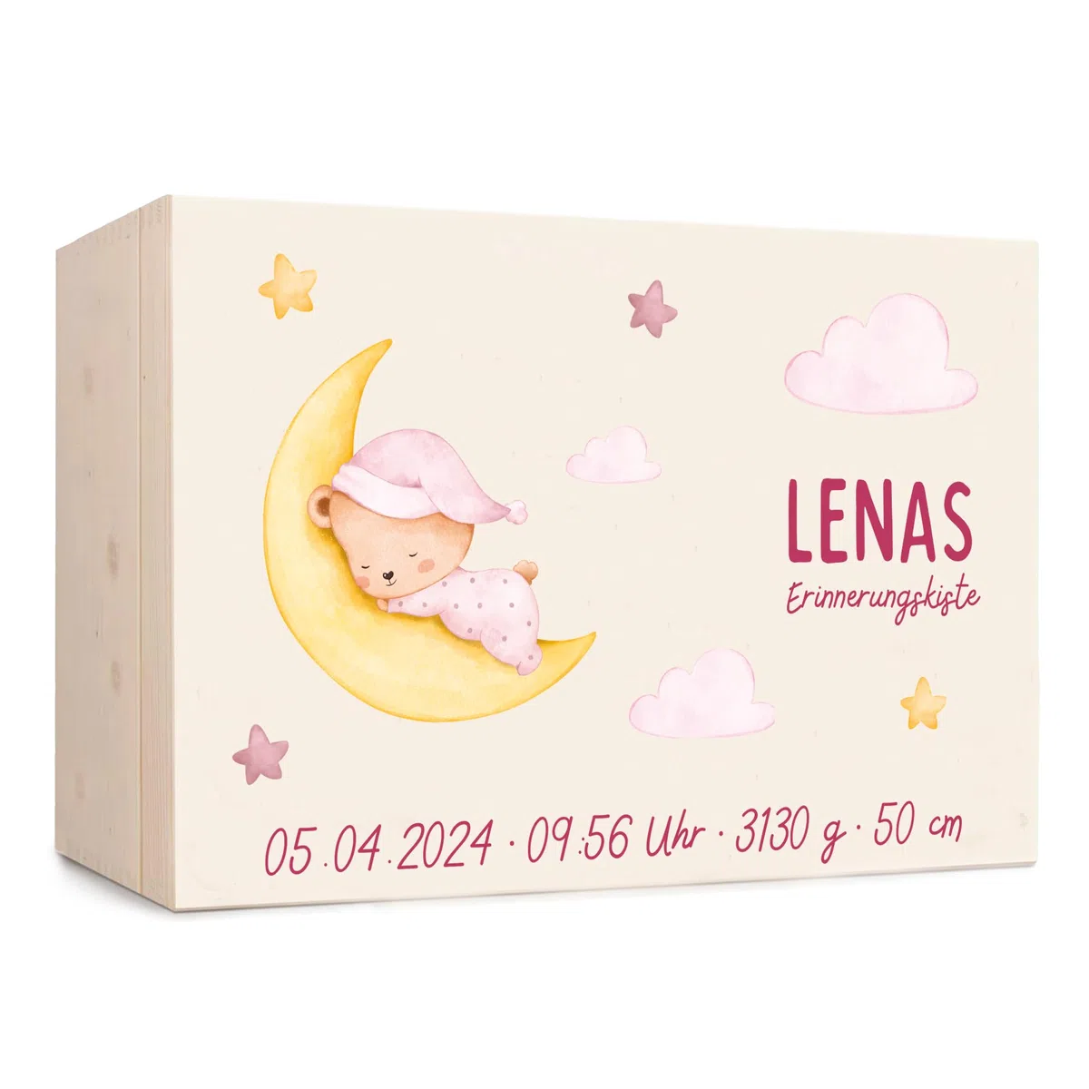 Generisch Erinnerungsbox Baby, personalisierte Holzkiste mit Klappdeckel, Aufbewahrung von Erinnerungen, Geschenk zur Geburt und Taufe, Geburtsgeschenk Jungen und Mädchen (Bär pink, 40x30x13 cm)