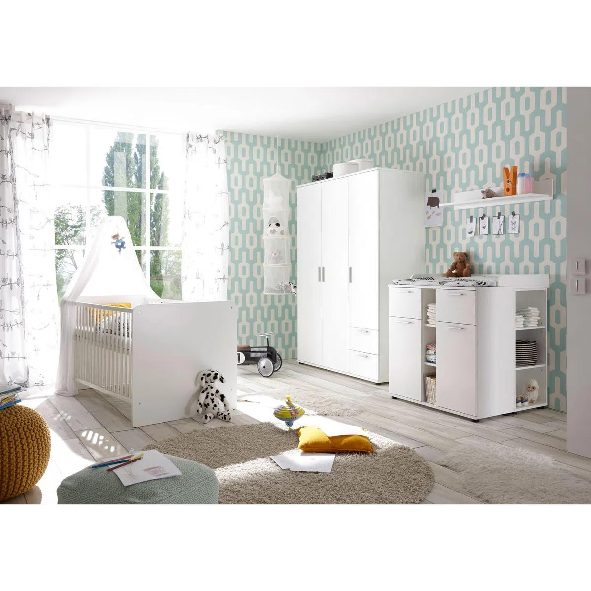 Babyzimmer Bibo Weiß MDF Wickelkommode Kleiderschrank Babybett Kinderzimmer