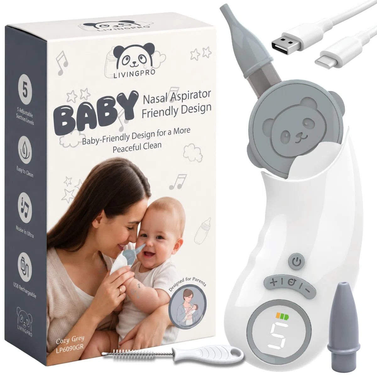 Elektrischer Nasensauger für Baby - Nasensauger mit Kleinkinderfreundlichem Design, 5 Saugstufen bis zu 70kPa, Beruhigende LED & Musik, Abnehmbarer Deckel, IPX7 Wasserdicht, USB-C Wiederaufladbar