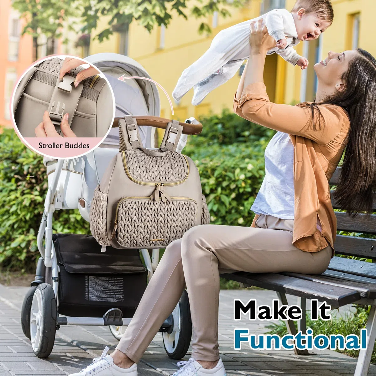 mommore Wickeltasche, kleiner Wickelrucksack, stylischer Baby-Reiserucksack mit isolierten Fächern, Wickelunterlage und Kinderwagenbefestigungen